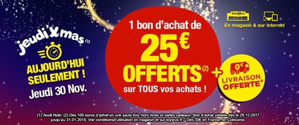 Chez Toys R Us : bon d'achat de 25 € offert dès 100 € d'achat Chez Toys R Us : bon d'achat de 25 € offert dès 100 € d'achat