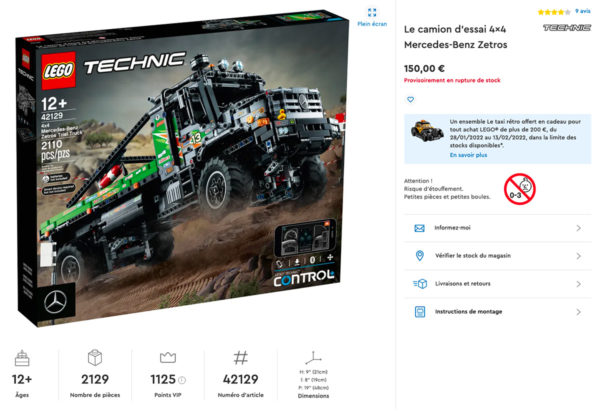 42129 lego technic mercedes benz zetros baisse prix