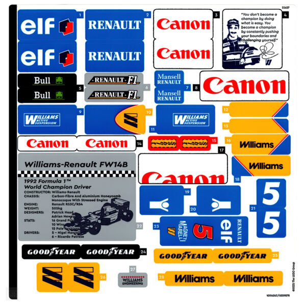 Pièce de stickers de rechange pour voitures de course, avec logos de marques célèbres comme Elf, Renault, Canon, Williams, et Williams-Renault, conçue pour les collectionneurs et passionnés de modélisme automobile.