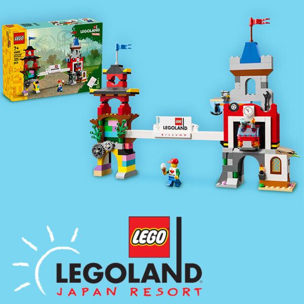 Pont LEGO pour parc LEGOLAND Billund avec tours colorées, drapeaux, et personnage LEGO, construit en briques LEGO.