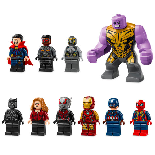 LEGO Marvel Super Heroes : Figurines de super-héros en briques, dont Iron Man, Captain America, Black Panther, Spiderman, et Thanos, idéal pour collection et jeux pour enfants et adultes.