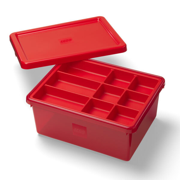 Alt : Boîte de rangement rouge pour LEGO avec compartiments pour organiser les briques de construction.