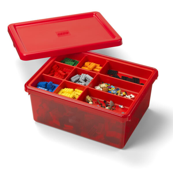 Boîte de rangement LEGO avec compartiments pour organiser des briques colorées, accessoires et pièces LEGO pour enfants, idéal pour rangement et créativité.