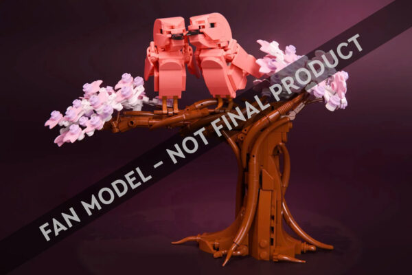 Lego pink oiseau sur branche en fleurs en briques LEGO, création artistique en briques de construction, décoration originale en LEGO réalisée par HOTH BRICKS pour passionnés de LEGO et décoration créative.
