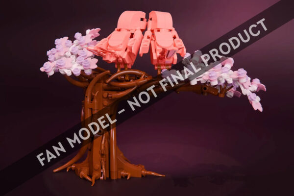 Peinture lego d'arbre en fleurs de cerisier avec branches en brun et fleurs roses et blanches, création artistique en briques, décoration murale ou sculpture en lego pour collectionneurs.