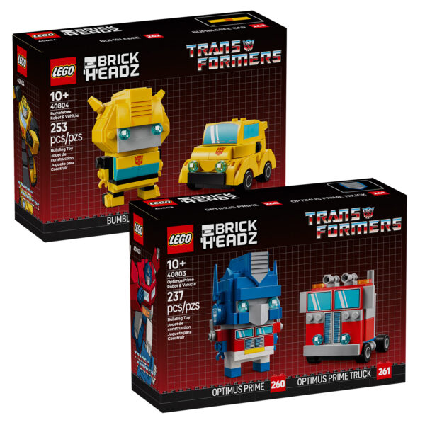 Mini-figurines LEGO Transformers Bumblebee, Optimus Prime, et Optimus Prime Truck en construction, parfaites pour les fans de constructions et de collections de jouets en briques LEGO.