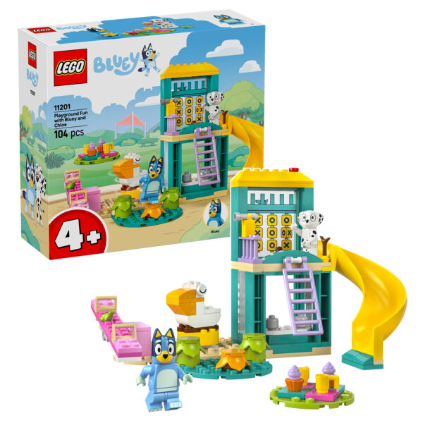 Lego Bluey et Chloe jeu d'extérieur avec toboggan, fontaine, et figurines pour enfants de 4 ans et plus, parfait pour jouer et développer l'imagination.