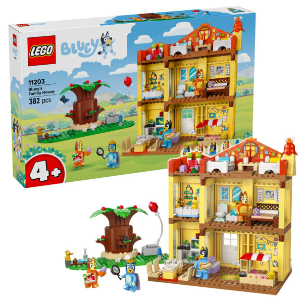 Bluey maison familiale ensemble de blocs de construction LEGO pour enfants de 4 ans et plus, avec personnage de Bluey, meubles, accessoires, et décorations pour jeux créatifs et éducatifs.