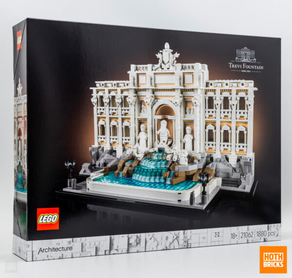 Pont de vue d'une boîte LEGO architecture Trevi Fountain, détail précis et esthétique, mettant en valeur un célèbre monument de Rome construit avec des briques LEGO pour collectionneurs et amateurs d'architecture.