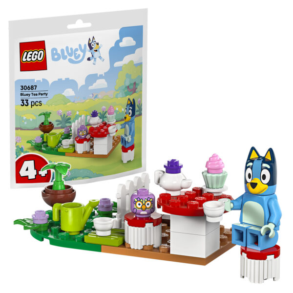 Lego Bluey Tea Party set de jeu pour enfants, version de 33 pièces avec personnage Bluey, accessoires pour thé, gâteau et décorations pour jouer à la poupée ou à l'imagination.