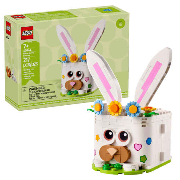 Lego lapin de Pâques en briques colorées avec oreilles en LEGO, décor floral, yeux expressifs, parfait pour construction créative et jeu éducatif.