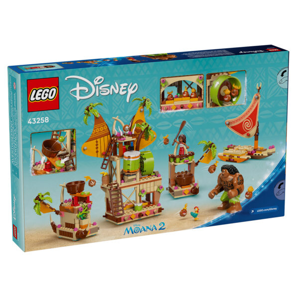 Poussin de LEGO Disney Moana 2, ensemble de construction avec bateau, personnage et éléments décoratifs pour enfants.