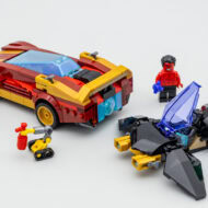 Voiture LEGO Marvel avec minifig héroïque et bat-wyverne en construction, collection de jouets de construction pour enfants, figurines et véhicules à assembler, design détaillé, matériaux de haute qualité.