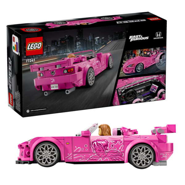 Véhicule de course LEGO Speed Champions Fast & Furious en édition spéciale, modèle Nissan GT-R R34 en couleur rose vif avec détails artistiques, adapté pour collectionneurs et fans de voitures de sport.