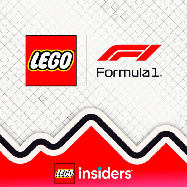 LEGO et Formula 1 partenariat officiel, avec logo LEGO, F1 et LEGO Insiders sur fond graphique dynamique aux couleurs noir, blanc, rouge.