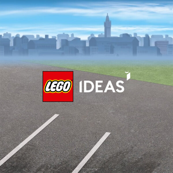 Lego briks idées créatives pour constructions en briques LEGO, image d'une route en béton avec un paysage urbain et un ciel bleu, idéal pour clients recherchant des idées de jouets en briques de construction.