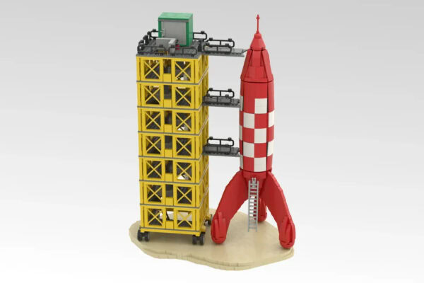 Mini fusée et tour de lancement en briques de construction LEGO, modèle détaillé et éducatif pour les amateurs de jouets créatifs et de science spatiale.