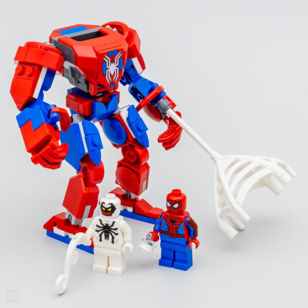 Lego Spiderman et Venom avec grand robot rouge et bleu en briques, figurines Marvel, décoration créative pour collection, jeu de construction en plastique haut de gamme.