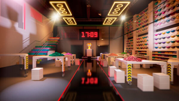 Coloriage de jeux de construction en briques LEGO, mettant en scène une compétition avec une horloge numérique, un trophée et des tables remplies de pièces de différentes couleurs dans un décor moderne.