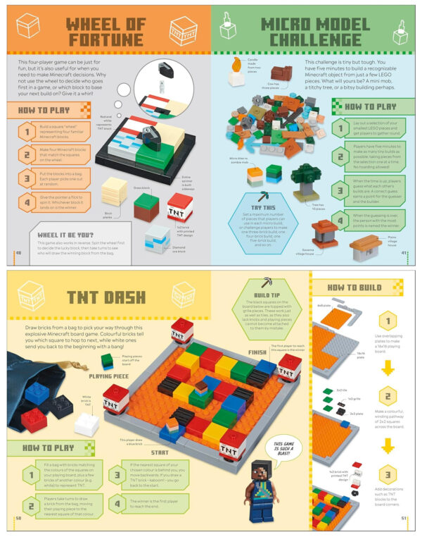 Pdi_01.jpg, Description d'une illustration montrant des jeux de construction LEGO pour enfants, avec instructions pour créer différentes structures, idéal pour stimuler la créativité, la coordination et l'imagination., Un guide illustré en couleurs présentant des jeux de construction LEGO, notamment des modèles Micro Model Challenge, Wheel of Fortune et TnT Dash, avec des instructions étape par étape pour assembler des pièces LEGO et développer la créativité des enfants., Relevance: élevée.