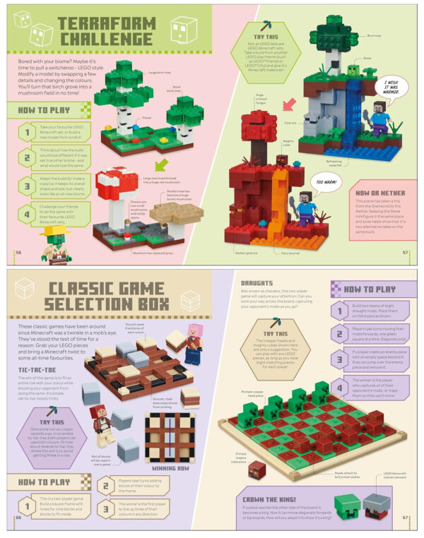 -Les défis de construction LEGO avec des thèmes nature, arbres, champignons, lave, et cristaux pour encourager la créativité avec les jeux LEGO.