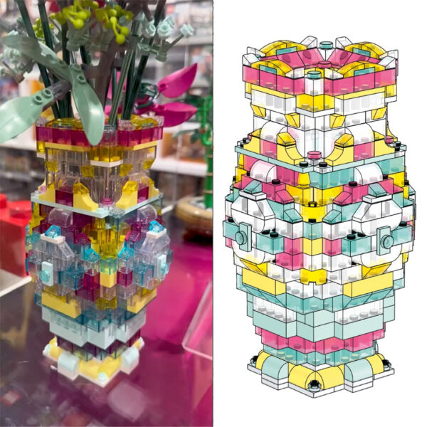 Colorful LEGO vase with flower arrangement, intricate design, modern home decor, creative LEGO art, decorative craft, vibrant colors, unique LEGO sculpture, artistic Lego model, handmade LEGO bouquet, designer LEGO piece.