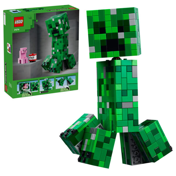 Creez un modèle de Creeper en briques LEGO, avec des détails pixelisés, idéal pour les fans de Minecraft et les collectionneurs de Lego, comprenant une explosion TNT et un cochon.