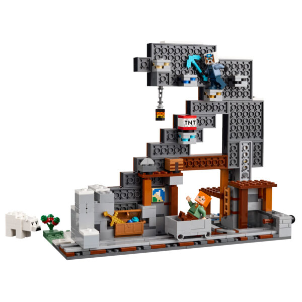 Château LEGO Minecraft détaillé avec personnage, TNT, animaux et décor de construction, idéal pour les fans de jeux vidéo et de jouets créatifs.