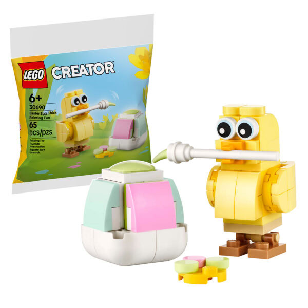 Splendide jouet de construction LEGO Creator de Pâques avec poussin jaune, œuf pastel et chapeau de poulet, idéal pour stimuler la créativité des enfants à partir de 6 ans.
