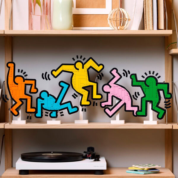 Colorful LEGO art of dancing figures, decorative wall decor, modern interior, vibrant design, pop art, home decoration, playful style, artisan LEGO sculptures, interior design accessories, trendy wall art.