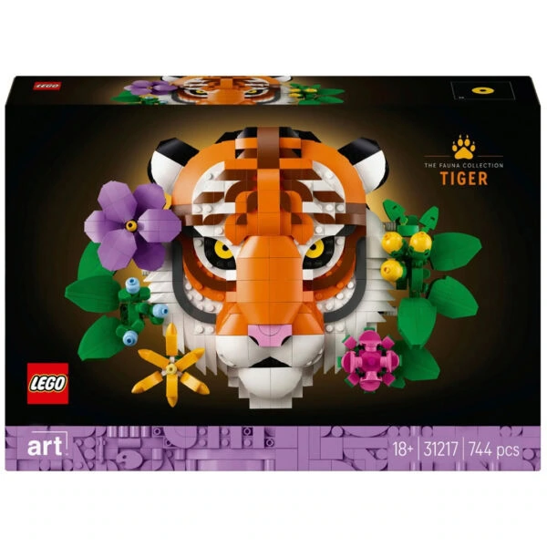 Lego Tigre collection faune, image d’un modèle de tigre construit avec des briques LEGO, entouré de fleurs colorées, design artistique et détaillé, idéal pour collectionneurs et amateurs de LEGO.