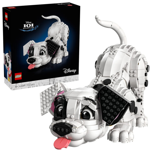 Lego Disney 101 Dalmatians figurine de construction en briques de chien dalmatien blanc avec détails noirs et accessoires pour collectionneur.