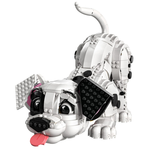 Lego modèle animal en briques LEGO, chien robot en briques LEGO blanc, création LEGO animale pour enfants, construction créative en briques LEGO, set de décoration en briques LEGO blanc et noir.