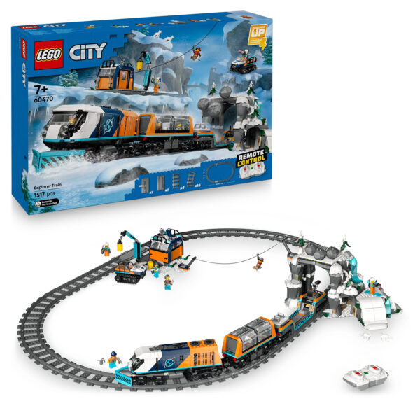 Explorer train lego city pour enfants avec télécommande et rails accessibles à partir de 7 ans, modèle de jeu d'aventure en hiver avec locomotive, wagons, personnages, et accessoires pour jouer dans la neige et la glace.