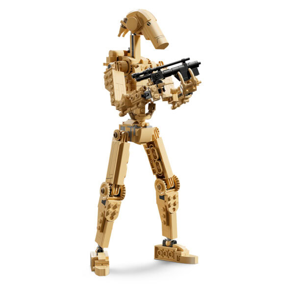 Leg inspirée de LEGO avec robot à la peau couleur sable, armé d’un fusil et doté d’un design détaillé, parfait pour les passionnés de construction et de jeux de guerre en briques.