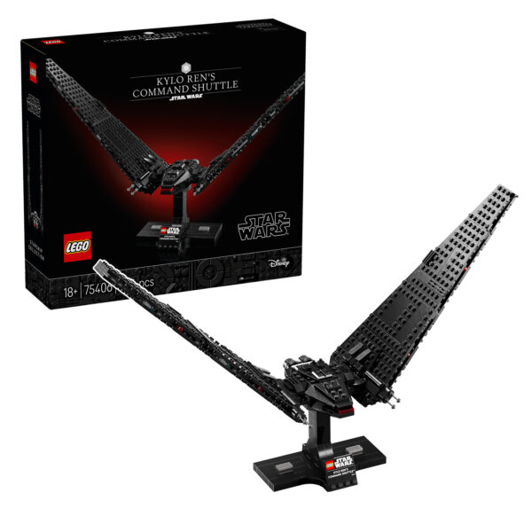 LEGO Star Wars Kylo Ren’s Command Shuttle modèle en briques LEGO, illustration détaillée du vaisseau emblématique, parfait pour collectionneurs et fans de la franchise Star Wars.