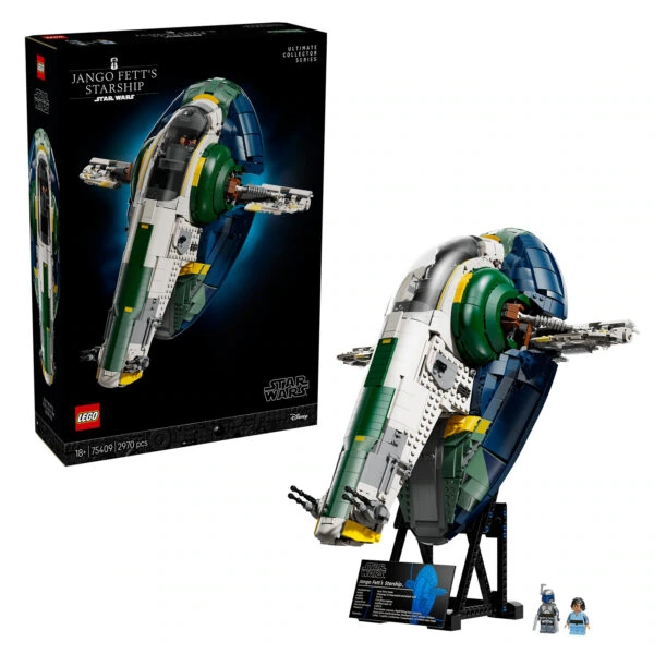 Jango Fett's Starship LEGO Star Wars, modèle de vaisseau spatial emblématique, parfait pour collectionneurs et fans d'univers de science-fiction, composé de 2970 pièces.