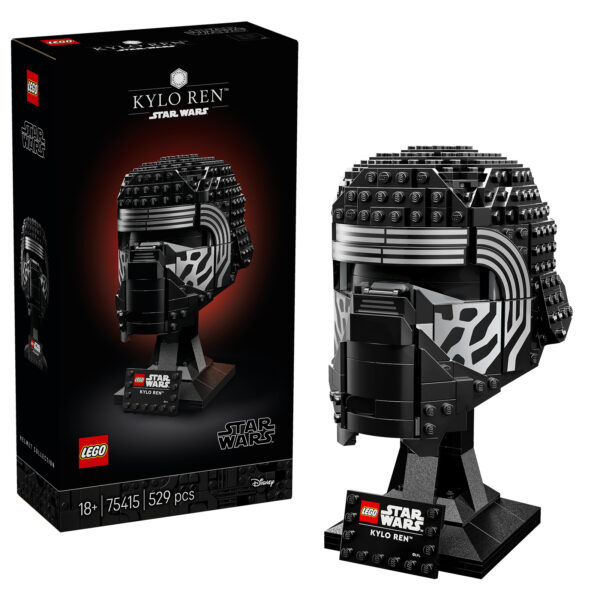 Véritable casque LEGOStar Wars Kylo Ren en briques de construction, parfait pour les amateurs de science-fiction et de construction créative. Design détaillé avec une base de présentation.