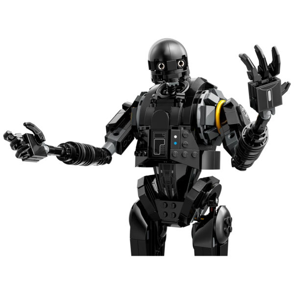 Robot humanoïde en LEGO noir, construit avec des pièces HOTH BRICKS, details high-tech et articulation flexible, parfait pour la collection de fans de LEGO et robots futuristes, concept innovant.