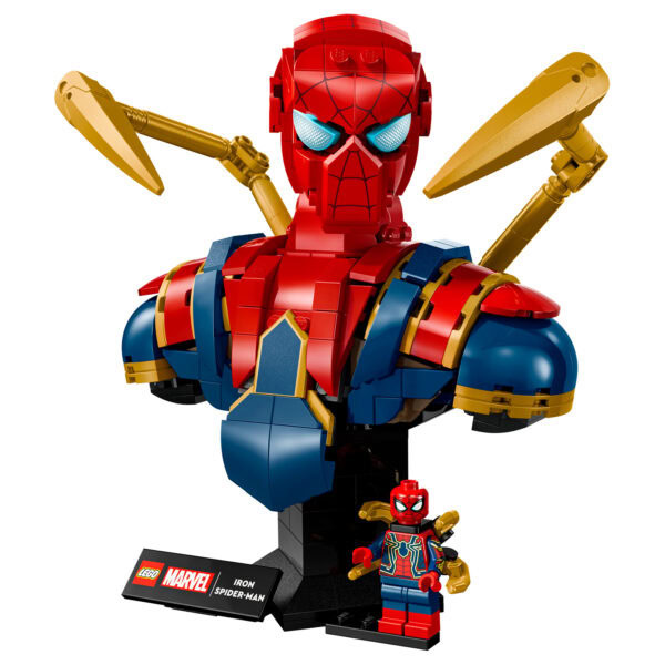 Poupée LEGO Spider-Man en construction, avec un grand bustier en briques LEGO, figurine de Spider-Man en minifigurine, adaptée pour les fans de super-héros et de jouets de construction.