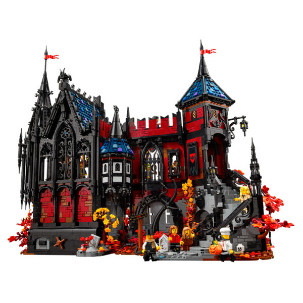 HOTH BRICKS château hanté en LEGO, architecture gothique noire et rouge, décoration Halloween et figurines effrayantes, parfait pour collectionneur ou fan de LEGO.