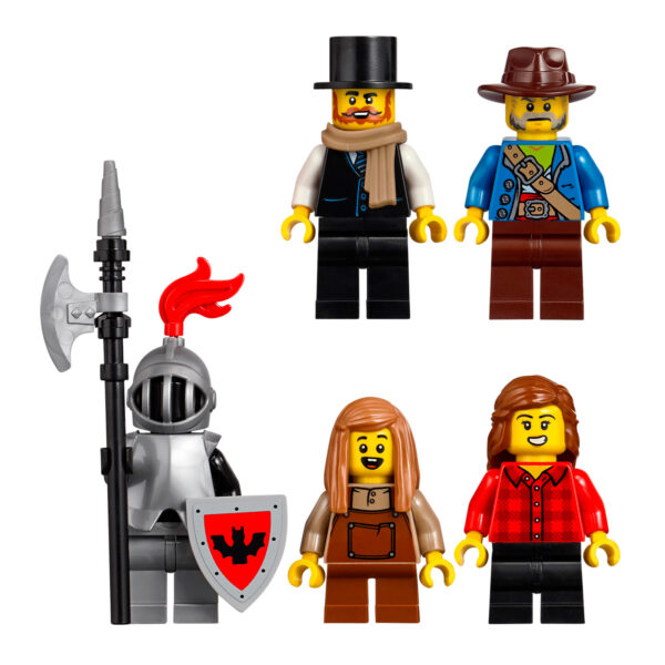 Poupées LEGO médiévales et chevalier avec accessoires de combat, parfaites pour la construction de scénarios historiques ou fantastiques, idéal pour les amateurs de LEGO et jeux de construction.