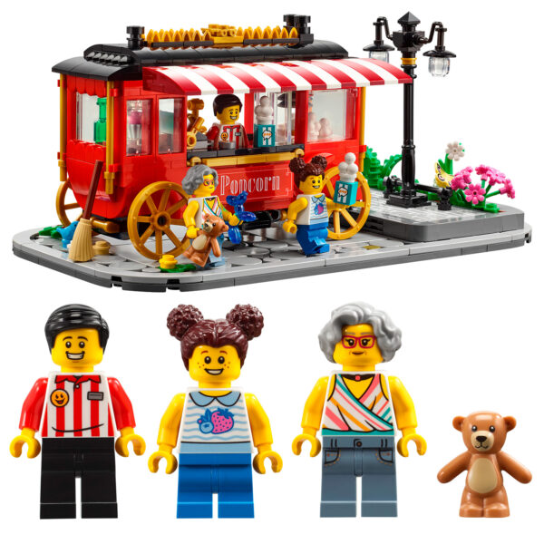 Popcorn cart LEGO set with minifigures, colorful streetlamp, flowers, and teddy bear, perfect for creative building and play at hotbricks.com.