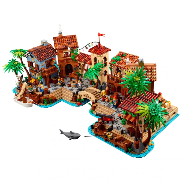 Véranda colorée en briques Lego représentant une scène de port maritime tropical avec bâtiments variés, palmiers, personnages, bateau et animaux marins dans un décor dynamique.