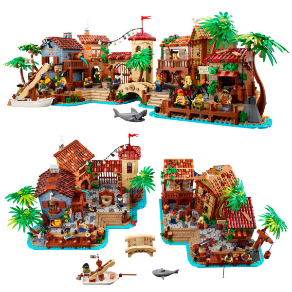 Mosaïque de constructions en LEGO HOTH BRICKS représentant un village de pêcheurs coloré avec des bâtiments, des personnages, un pont, une plage avec bateau et des éléments de décor maritime.