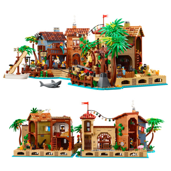 Une ville en LEGO sur le thème de Pirates et Aventuriers avec des bâtiments colorés, des personnages amusants, des bateaux et des éléments de décoration maritime pour une stimulation créative.