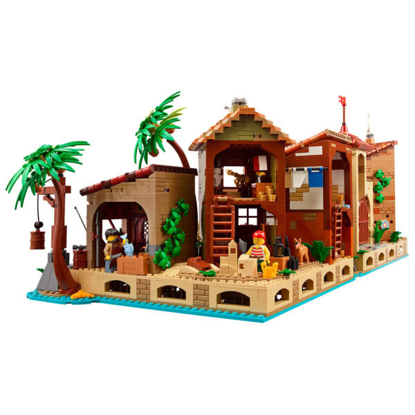 Colorful LEGO tropical house set with palm trees, mini-figures, and detailed building features, ideal for creative play and home decoration.