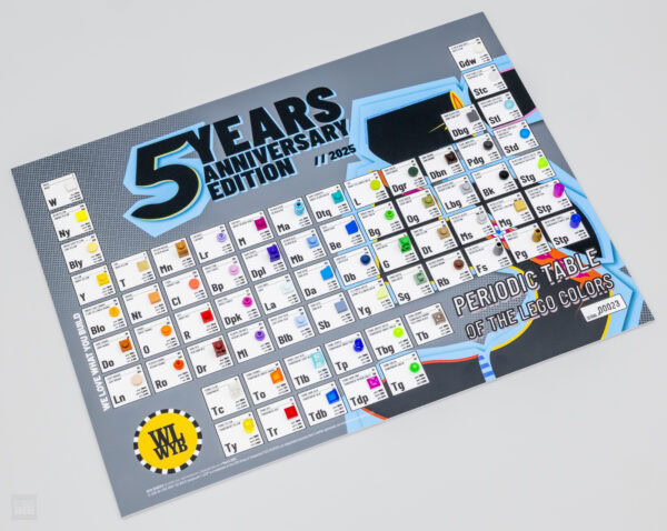Planche de LEGO personnalisée en forme du tableau périodique avec des pièces LEGO colorées, célébrant le 5ème anniversaire de HOTH BRICKS, parfaite pour décoration de bureau ou collection de fans LEGO.