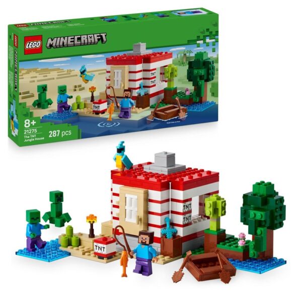 LEGO Minecraft Jungle House, set de construction avec personnages, arbres, TNT et animaux, parfait pour les enfants à partir de 8 ans, 287 pièces, modèle pour jeux créatifs et aventure.