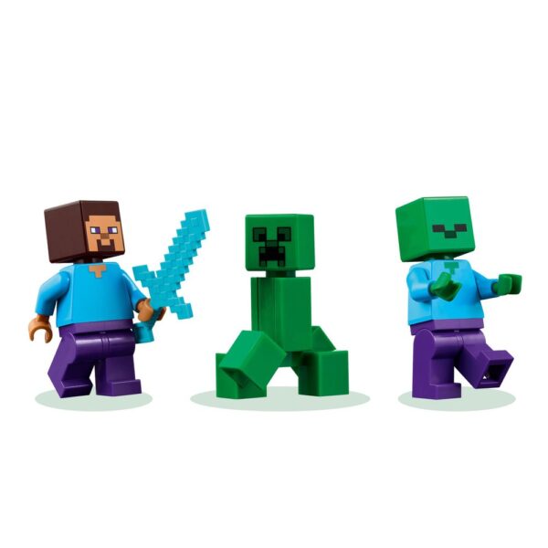 Figurines en briques de construction de style Minecraft avec personnage humain et monstres verts, parfaites pour les fans de jeux vidéo et de jouets créatifs.